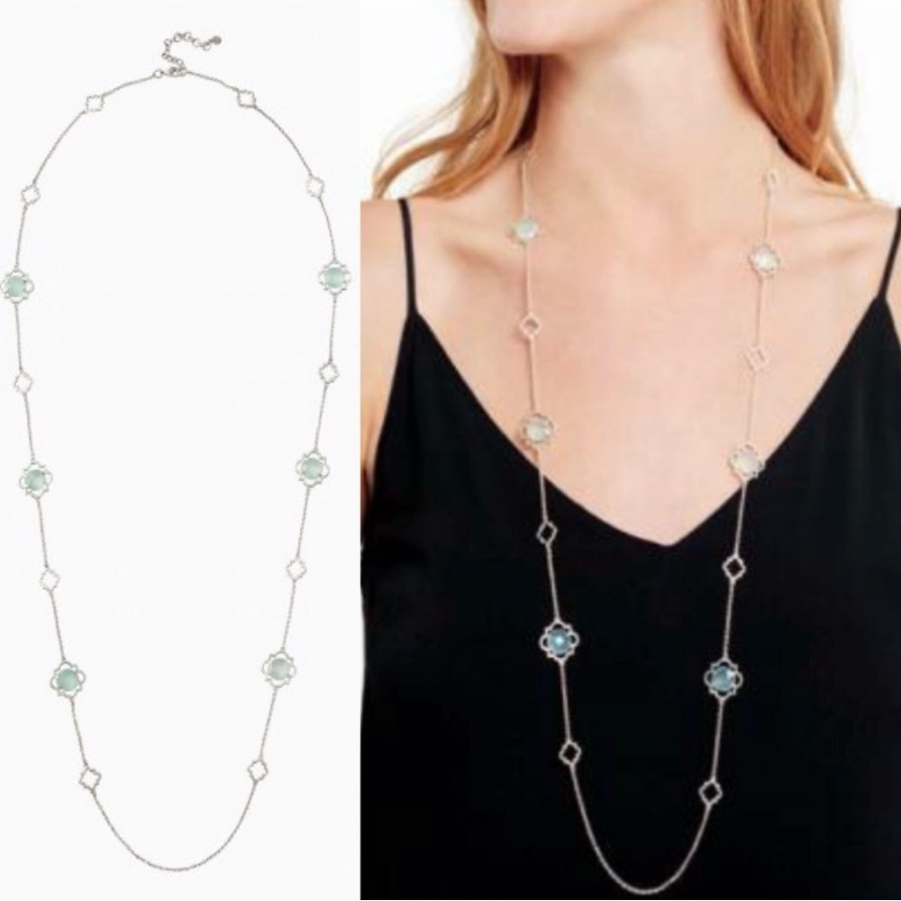 Stella & Dot long brushed silver and aqua stone necklace